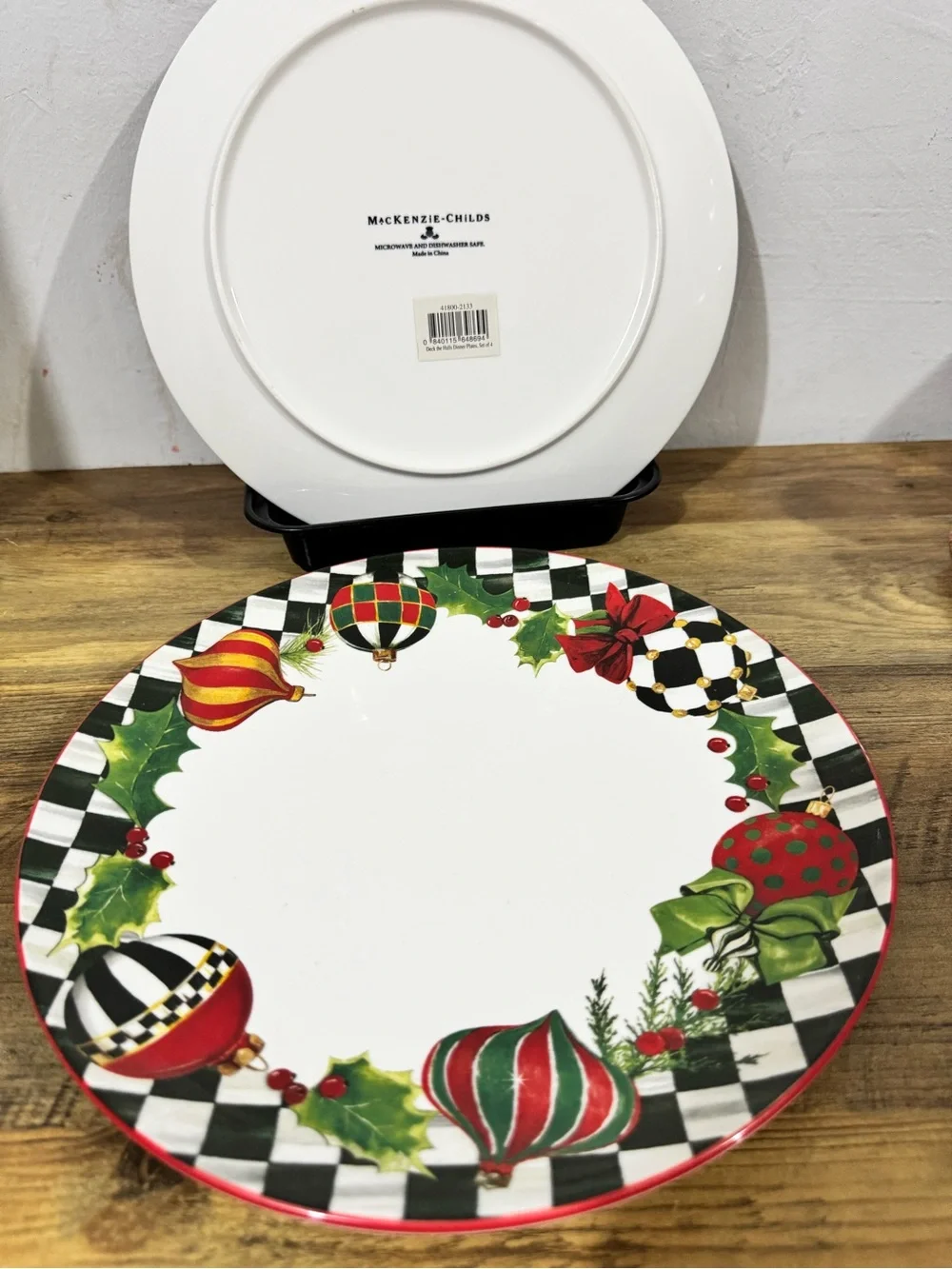 Festive Holiday Ornament Dinner Plates - Red, Green, Black 2 large plates